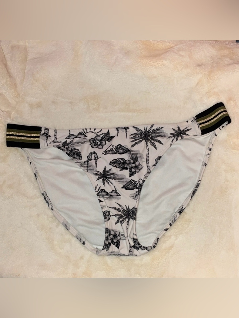 Tropical Palm Print Bikini Bottom with Striped Elastic Sides - Black & White